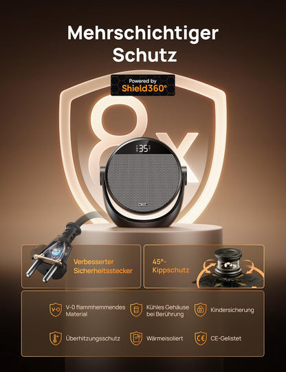 Dreo Heizlüfter Energiesparend Klein, Leiser 1500W Tragbar Heizlüfter mit Fernbedienung, Thermostat, 60° Neigbar, 8 Sicherheitsfunktionen, PTC-Keramik,12-Std-Timer, 3 Modus 3 Geschwindigkeit, Schwarz