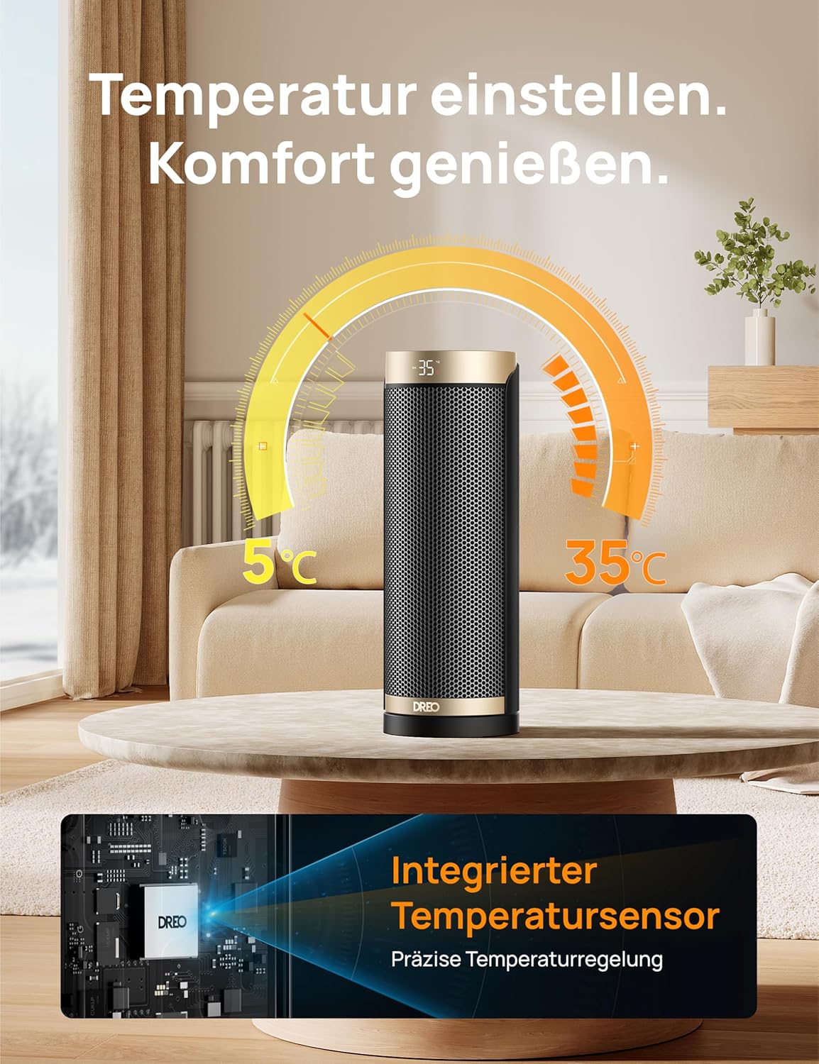 Dreo Heizlüfter Energiesparend, PTC Keramik Heizlüfte Leise, 70° Oszillierend Elektroheizung mit Fernbedienung, 12-Std-Timer, 3 Modus 3 Geschwindigkeit, Überhitzungs-Kippschutz, Solaris Slim H3