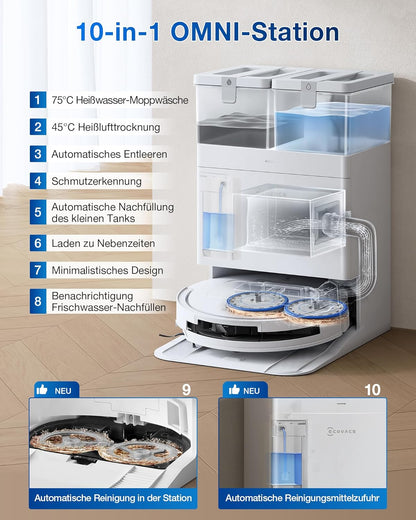 ECOVACS DEEBOT T50 PRO Omni Gen2 Saugroboter mit Wischfunktion, Ausfahrende Seitenbürste und Wischmopp, 21.000 Pa, Auto Zugabe von Reinigungslösung, Moppwäsche mit 75°C heißem Wasser, Ultradünn 81 mm