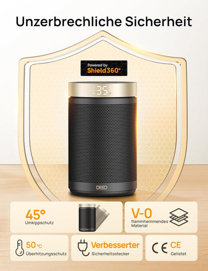 Dreo Energiesparender Heizlüfter, 34 dB Leiser 1500W Elektrischer PTC Keramik, Thermostat, Überhitzungs- & Kippschutz, 12 Std. Timer, Elektroheizung für Räume Schlafzimmer, Atom 316, Gold