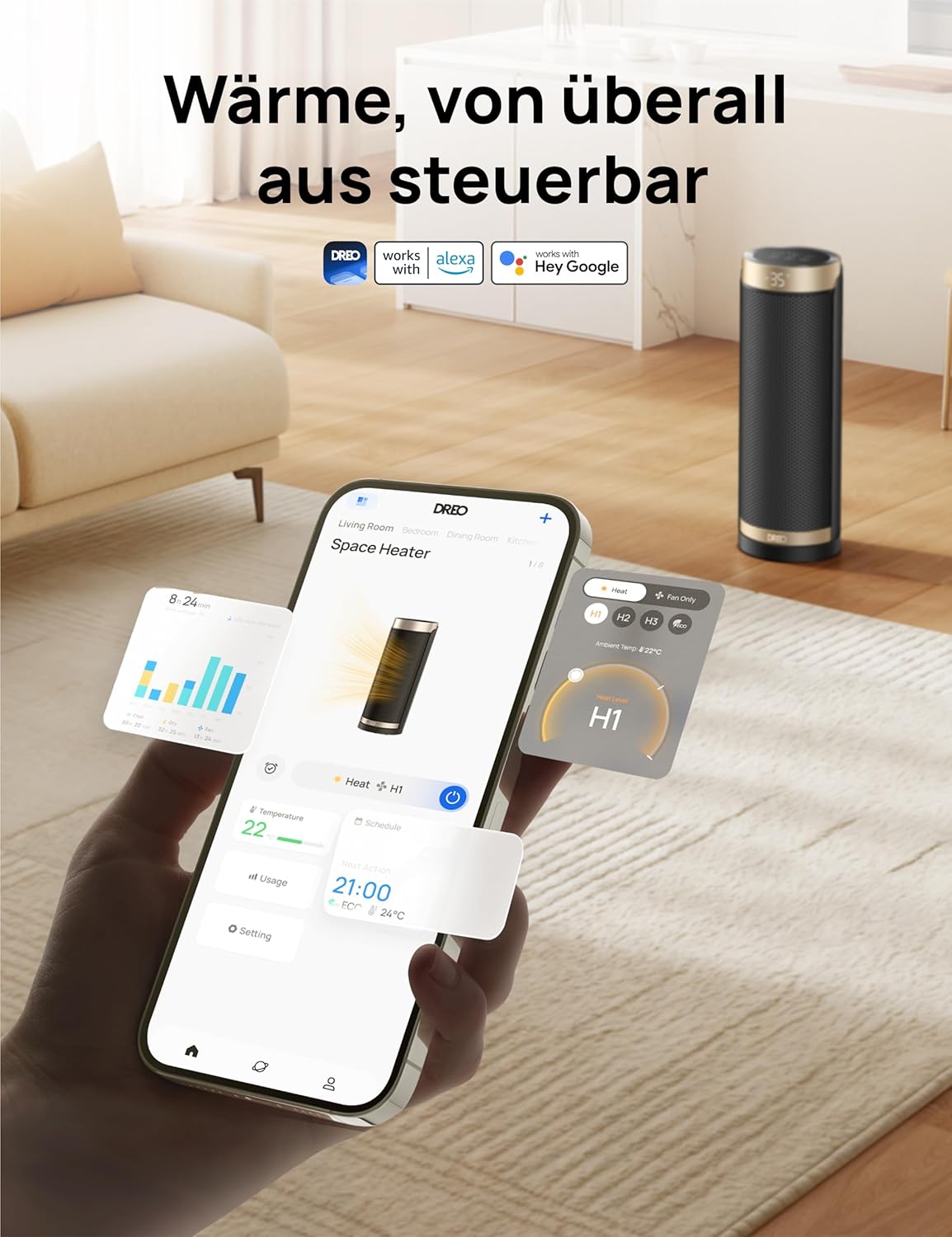 Dreo Heizlüfter Energiesparend, PTC Keramik Heizlüfte Leise, 70° Oszillierend Elektroheizung mit Fernbedienung, 12-Std-Timer, 3 Modus 3 Geschwindigkeit, Überhitzungs-Kippschutz, Solaris Slim H3