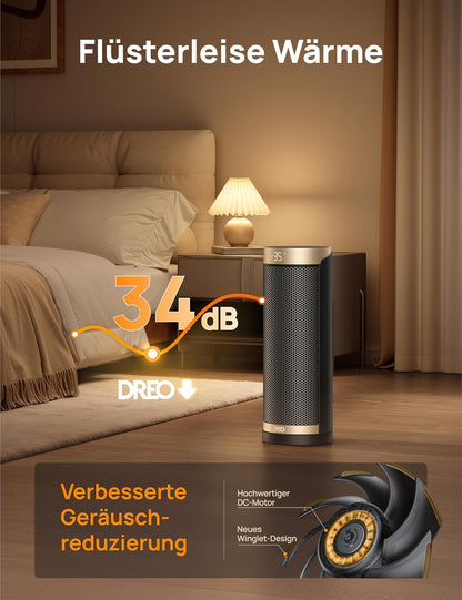 Dreo Heizlüfter Energiesparend, PTC Keramik Heizlüfte Leise, 70° Oszillierend Elektroheizung mit Fernbedienung, 12-Std-Timer, 3 Modus 3 Geschwindigkeit, Überhitzungs-Kippschutz, Solaris Slim H3