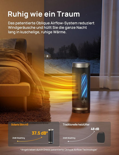 Dreo Heizlüfter Energiesparend, PTC Keramik Heizlüfte Leise, 70° Oszillierend Elektroheizung mit Fernbedienung, 12-Std-Timer, 3 Modus 3 Geschwindigkeit, Überhitzungs-Kippschutz, Solaris Slim H3