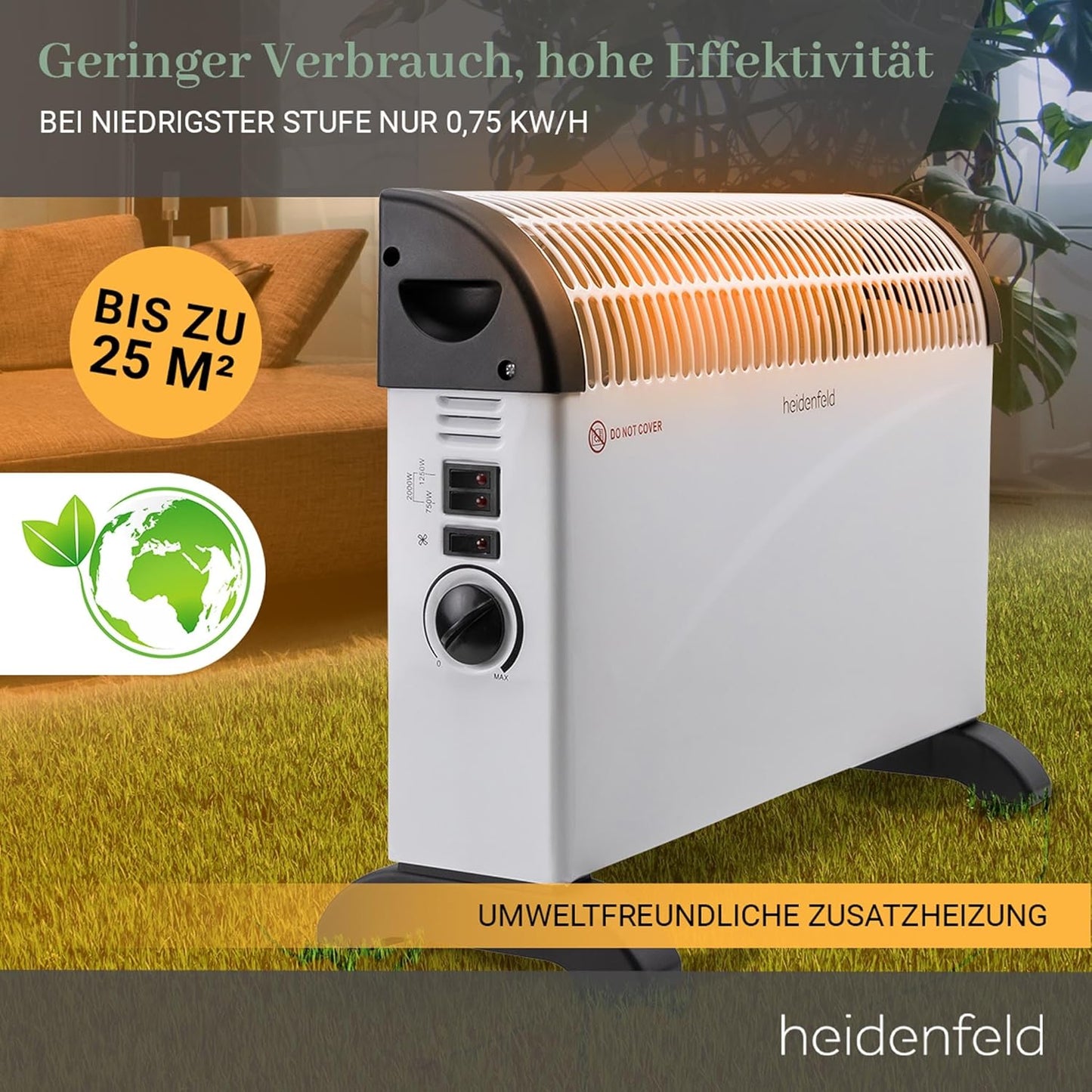 Heidenfeld elektrische Konvektorheizung HL200 | 3 Jahre Garantie - 2000 Watt - Konvektor - Thermostat - Frostwächter - Elektroheizung - Heizung - Heizlüfter - Bis 25 m² (Mit Turbo, ohne Timer)