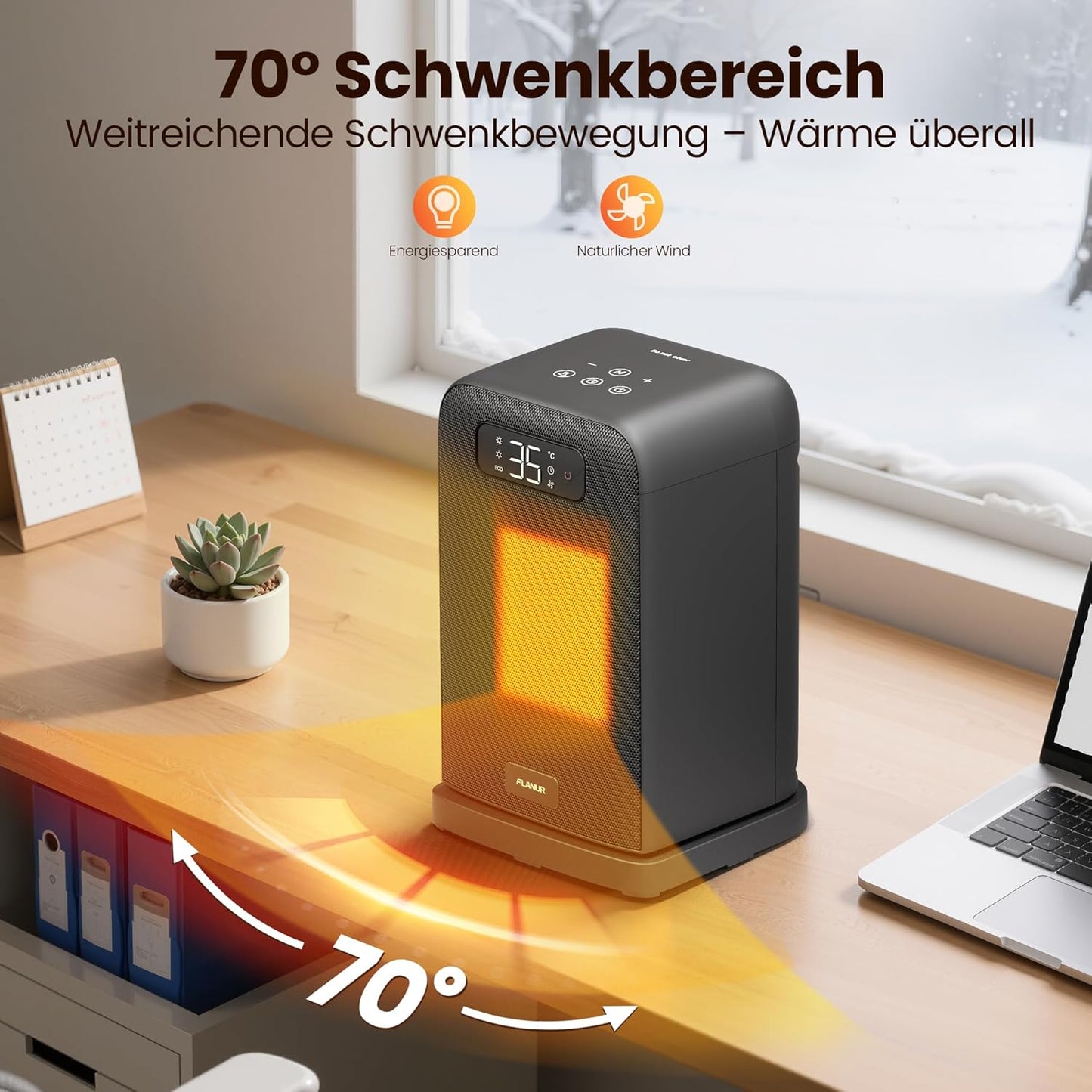 Heizlüfter Energiesparend, 1500W PTC Keramik Heizlüfter, Tragbarer Heizlüfter mit Thermostat & ECO-Modus, 2-in-1-Heizlüfter, Digitalanzeige, 12-Std.-Timer, 35dB leiser Elektroheizung- Schwarz