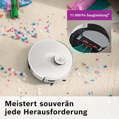 Bosch Spotless + BCRD1W Saugroboter mit Wischfunktion, 11.000 Pa Saugkraft, Wischpad, Trocken-Servicestation, Smart Vision Navigation mit Infrarot-Licht, Steuerung per App, weiß
