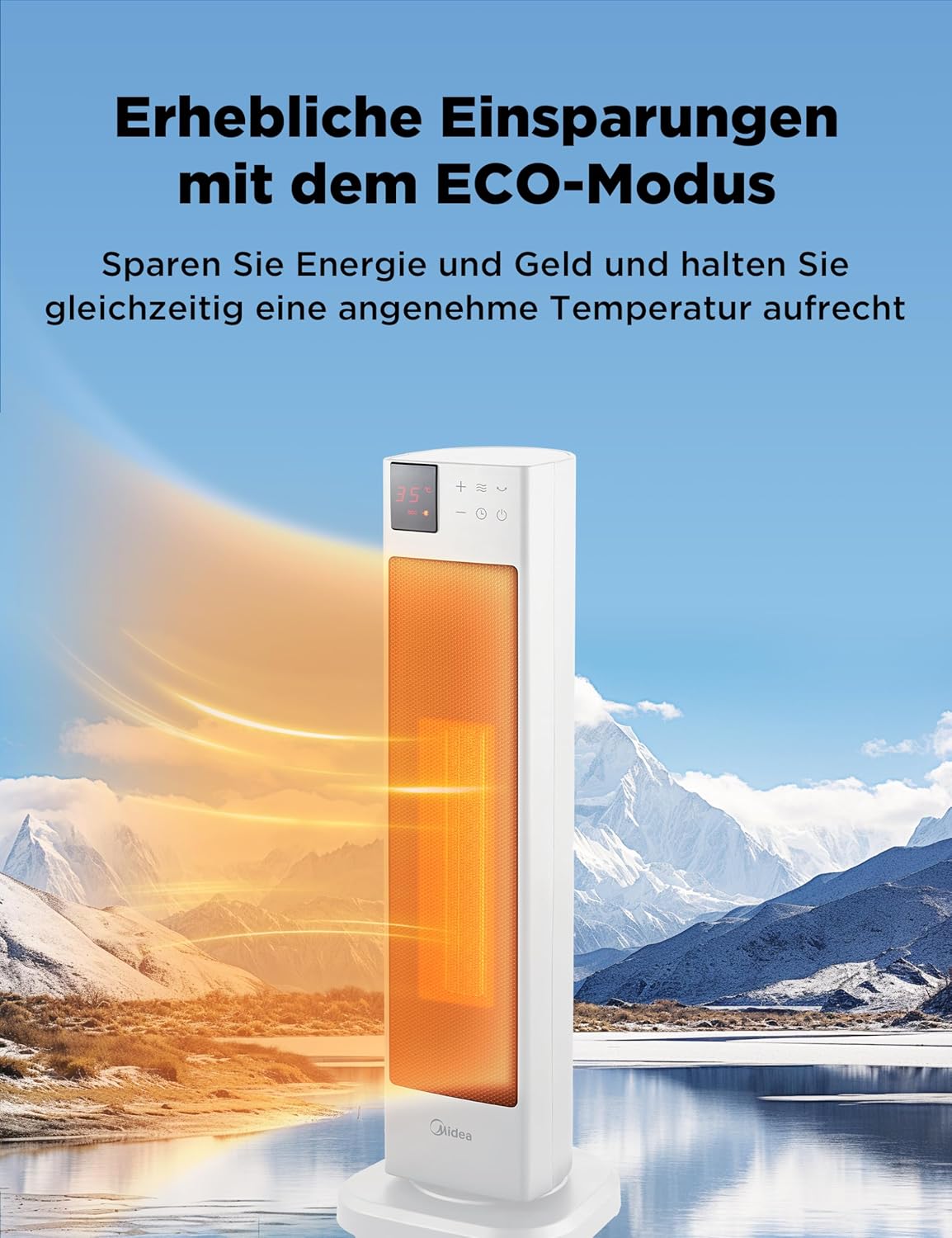 Midea NTH20-22ER(WH) Heizlüfter Energiesparend Leise mit Fernbedienung,PTC 2000 Watt Keramik Heizlüfter mit Thermostat, 2 Heizstufen, 24H Timer, ECO-Modus，für große Räume, 75°-Oszillation, 58CM, Weiß