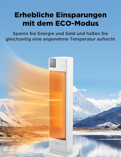Midea NTH20-22ER(WH) Heizlüfter Energiesparend Leise mit Fernbedienung,PTC 2000 Watt Keramik Heizlüfter mit Thermostat, 2 Heizstufen, 24H Timer, ECO-Modus，für große Räume, 75°-Oszillation, 58CM, Weiß