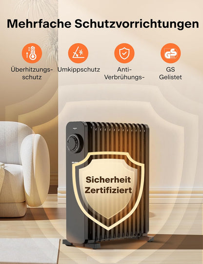 PELONIS Ölradiator 2300W mit J-förmigen Lamellen, Ölgefüllter Heizkörper mit 3 Heizstufen & Thermostat, Leiser Elektroheizer mit Kippschutz, Energieeffizient A für Schlafzimmer, Wohnzimmer, Büro