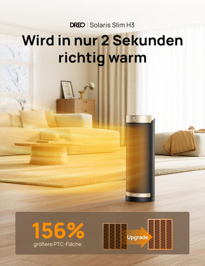 Dreo Heizlüfter Energiesparend, PTC Keramik Heizlüfte Leise, 70° Oszillierend Elektroheizung mit Fernbedienung, 12-Std-Timer, 3 Modus 3 Geschwindigkeit, Überhitzungs-Kippschutz, Solaris Slim H3