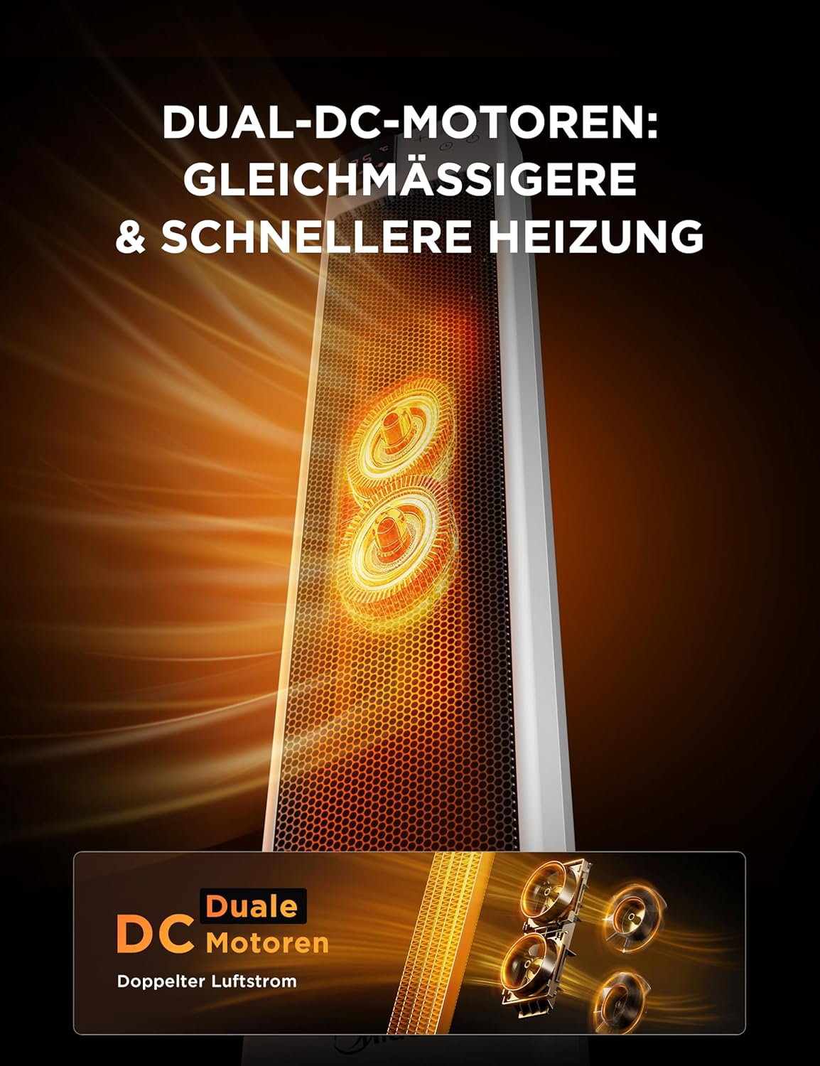 Midea NTH20-22ER(WH) Heizlüfter Energiesparend Leise mit Fernbedienung,PTC 2000 Watt Keramik Heizlüfter mit Thermostat, 2 Heizstufen, 24H Timer, ECO-Modus，für große Räume, 75°-Oszillation, 58CM, Weiß