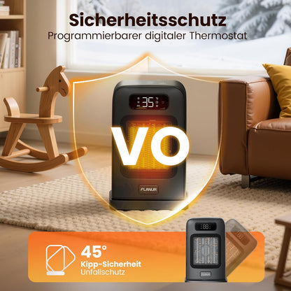 Heizlüfter Energiesparend, 1500W PTC Keramik Heizlüfter, Tragbarer Heizlüfter mit Thermostat & ECO-Modus, 2-in-1-Heizlüfter, Digitalanzeige, 12-Std.-Timer, 35dB leiser Elektroheizung- Schwarz