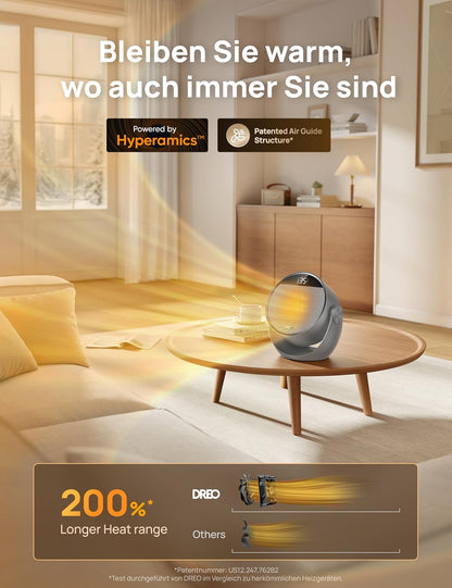 Dreo Heizlüfter Energiesparend Klein, Leiser 1500W Tragbar Heizlüfter mit Fernbedienung, Thermostat, 60° Neigbar, 8 Sicherheitsfunktionen, PTC-Keramik,12-Std-Timer, 3 Modus 3 Geschwindigkeit, Schwarz