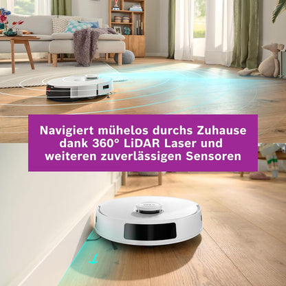 Bosch Spotless + BCRD1W Saugroboter mit Wischfunktion, 11.000 Pa Saugkraft, Wischpad, Trocken-Servicestation, Smart Vision Navigation mit Infrarot-Licht, Steuerung per App, weiß