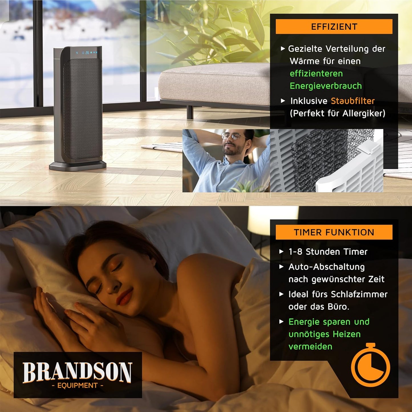 Brandson - Heizlüfter mit Fernbedienung - Preisträger - energiesparend leise Keramik-Heizlüfter Badezimmer - Oszillationsfunktion - Timer - Heizung Heater - GS zertifiziert