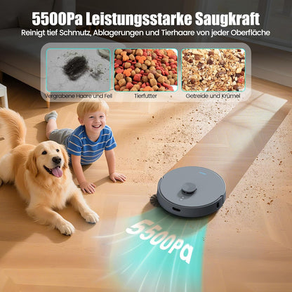 AIRROBO T30+ Saugroboter mit Wischfunktion, Staubsauger Roboter mit Absaugstation, 6000Pa Saugkraft Roboterstaubsauger, 3,5L Staubbeutel, Wischroboter LiDAR Navigation, 240Min Laufzeit, App Steuerung