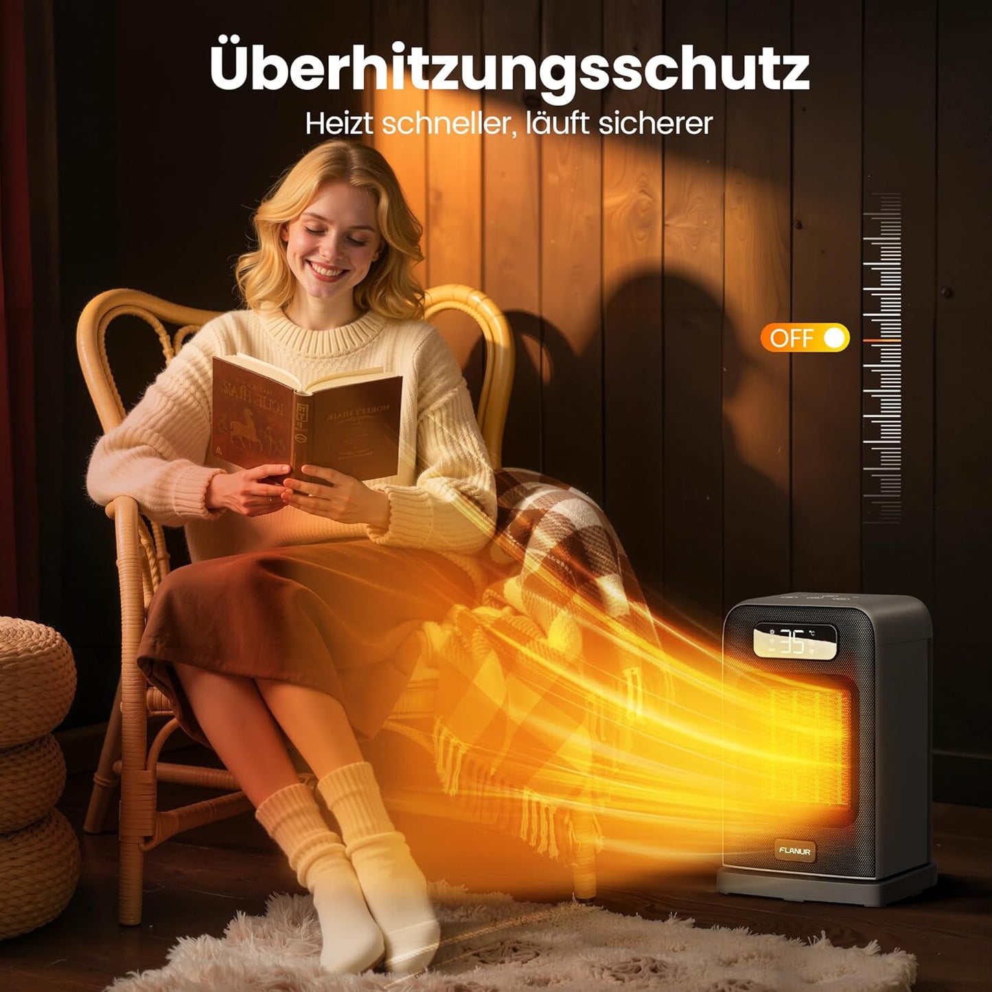 Heizlüfter Energiesparend, 1500W PTC Keramik Heizlüfter, Tragbarer Heizlüfter mit Thermostat & ECO-Modus, 2-in-1-Heizlüfter, Digitalanzeige, 12-Std.-Timer, 35dB leiser Elektroheizung- Schwarz