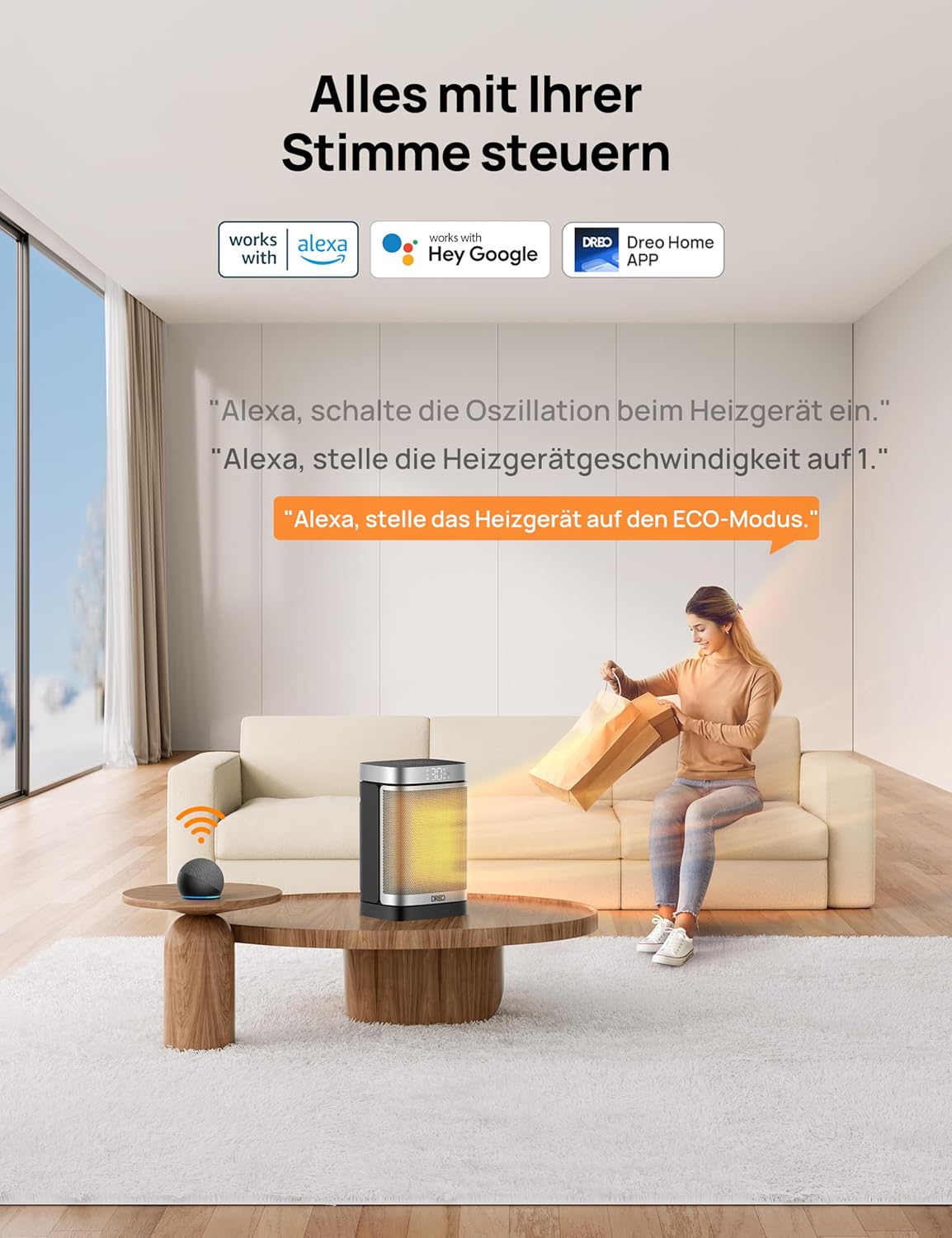 Dreo Heizlüfter Energiesparend Klein, 1500W Heizung Elektrisch mit Thermostat, 70° Oszillierend Elektroheizung, PTC Keramik Heizlüfter Leise, ECO-Modus, 12-Std-Timer, Überhitzungs- & Kippschutz