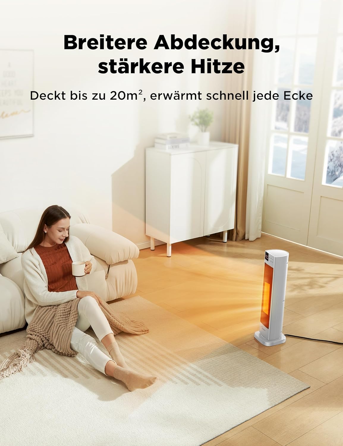 Midea NTH20-22ER(WH) Heizlüfter Energiesparend Leise mit Fernbedienung,PTC 2000 Watt Keramik Heizlüfter mit Thermostat, 2 Heizstufen, 24H Timer, ECO-Modus，für große Räume, 75°-Oszillation, 58CM, Weiß