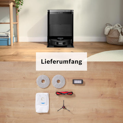 Bosch Spotless Max Cam BCRDW3BX Saugroboter mit Wischfunktion, 11.000 Pa Saugkaft, rotierende Wischpads, Nass-Trocken-Servicestation, Selbstreinigung, Smart Vision Kamera, Steuerung per App, schwarz