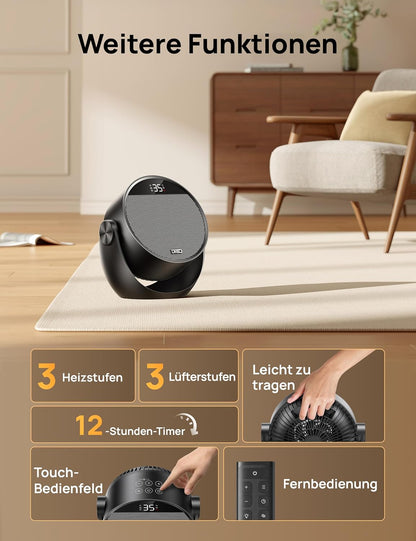 Dreo Heizlüfter Energiesparend Klein, Leiser 1500W Tragbar Heizlüfter mit Fernbedienung, Thermostat, 60° Neigbar, 8 Sicherheitsfunktionen, PTC-Keramik,12-Std-Timer, 3 Modus 3 Geschwindigkeit, Schwarz
