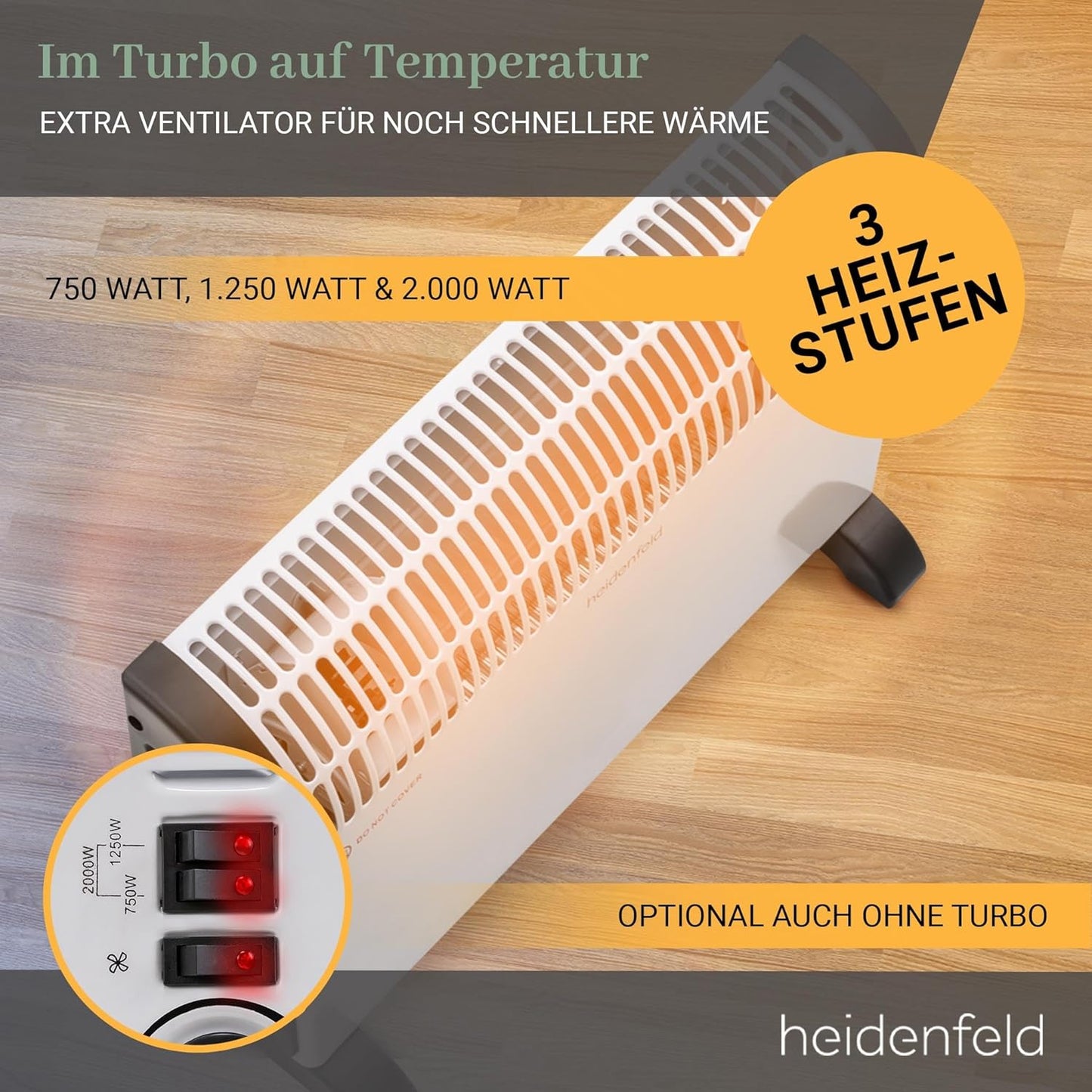 Heidenfeld elektrische Konvektorheizung HL200 | 3 Jahre Garantie - 2000 Watt - Konvektor - Thermostat - Frostwächter - Elektroheizung - Heizung - Heizlüfter - Bis 25 m² (Mit Turbo, ohne Timer)