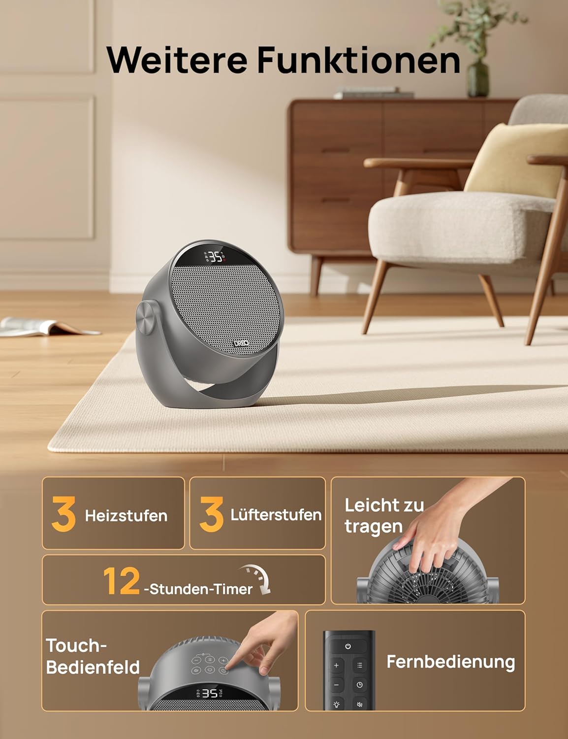 Dreo Heizlüfter Energiesparend Klein, Leiser 1500W Tragbar Heizlüfter mit Fernbedienung, Thermostat, 60° Neigbar, 8 Sicherheitsfunktionen, PTC-Keramik,12-Std-Timer, 3 Modus 3 Geschwindigkeit, Schwarz