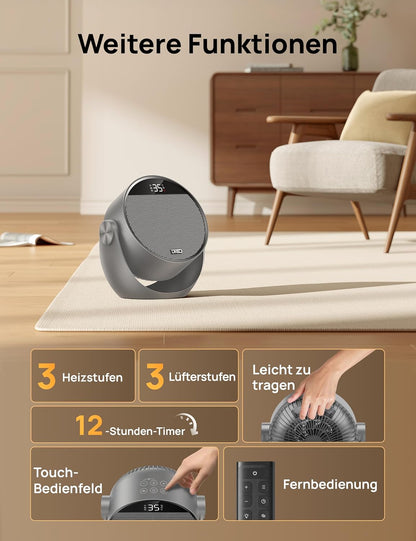 Dreo Heizlüfter Energiesparend Klein, Leiser 1500W Tragbar Heizlüfter mit Fernbedienung, Thermostat, 60° Neigbar, 8 Sicherheitsfunktionen, PTC-Keramik,12-Std-Timer, 3 Modus 3 Geschwindigkeit, Schwarz