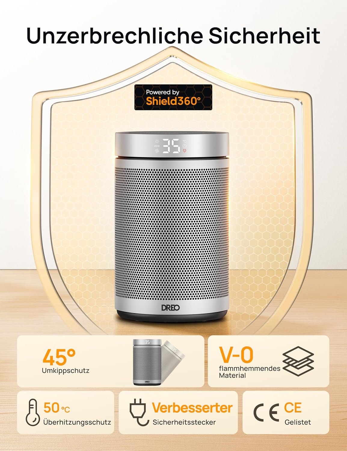 Dreo Energiesparender Heizlüfter, 34 dB Leiser 1500W Elektrischer PTC Keramik, Thermostat, Überhitzungs- & Kippschutz, 12 Std. Timer, Elektroheizung für Räume Schlafzimmer, Atom 316, Gold