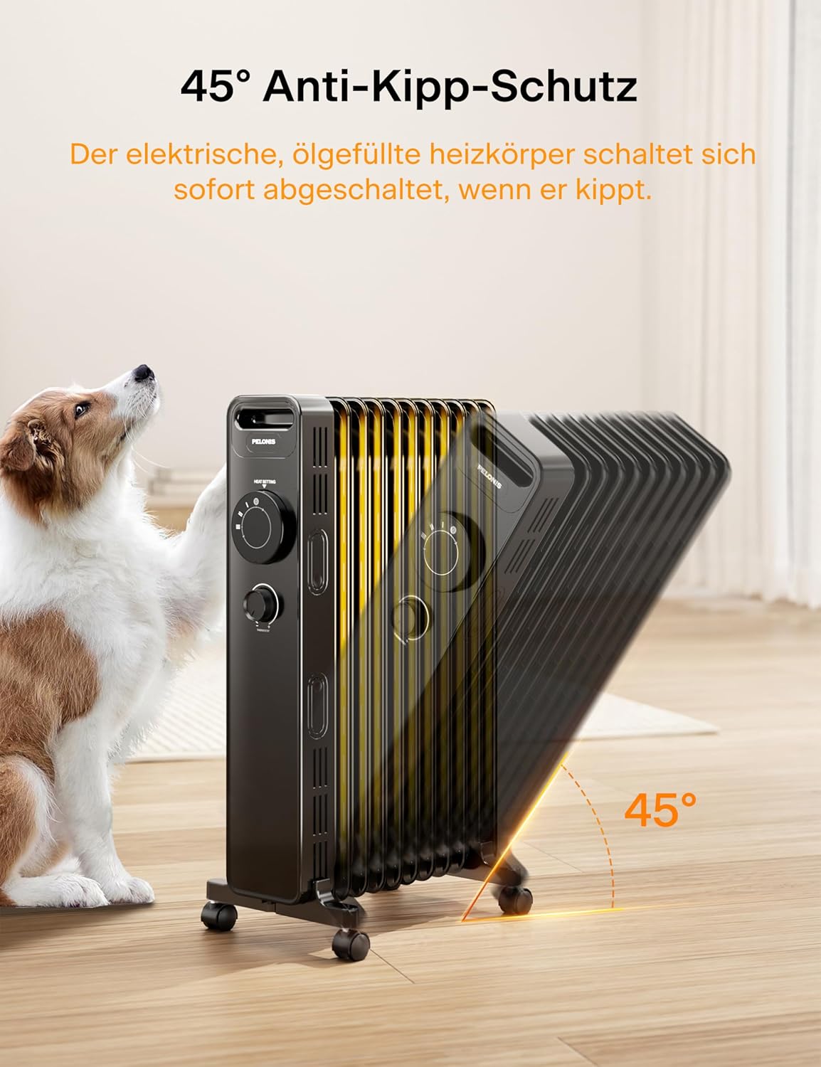 PELONIS Ölradiator 2300W mit J-förmigen Lamellen, Ölgefüllter Heizkörper mit 3 Heizstufen & Thermostat, Leiser Elektroheizer mit Kippschutz, Energieeffizient A für Schlafzimmer, Wohnzimmer, Büro