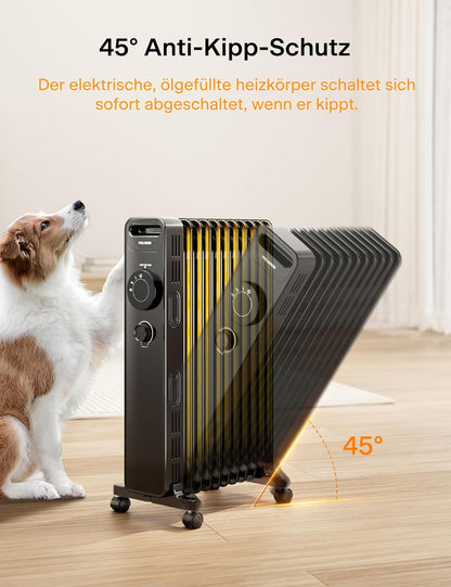 PELONIS Ölradiator 2300W mit J-förmigen Lamellen, Ölgefüllter Heizkörper mit 3 Heizstufen & Thermostat, Leiser Elektroheizer mit Kippschutz, Energieeffizient A für Schlafzimmer, Wohnzimmer, Büro
