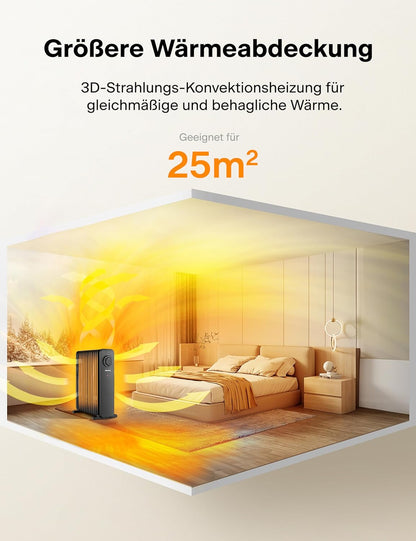 PELONIS Ölradiator 2300W mit J-förmigen Lamellen, Ölgefüllter Heizkörper mit 3 Heizstufen & Thermostat, Leiser Elektroheizer mit Kippschutz, Energieeffizient A für Schlafzimmer, Wohnzimmer, Büro