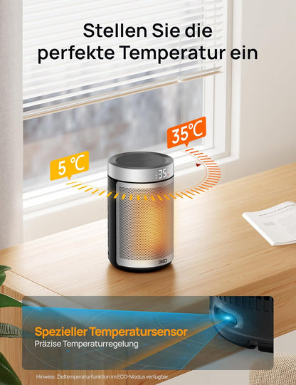 Dreo Energiesparender Heizlüfter, 34 dB Leiser 1500W Elektrischer PTC Keramik, Thermostat, Überhitzungs- & Kippschutz, 12 Std. Timer, Elektroheizung für Räume Schlafzimmer, Atom 316, Gold