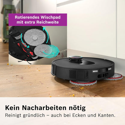 Bosch Spotless Max Cam BCRDW3BX Saugroboter mit Wischfunktion, 11.000 Pa Saugkaft, rotierende Wischpads, Nass-Trocken-Servicestation, Selbstreinigung, Smart Vision Kamera, Steuerung per App, schwarz