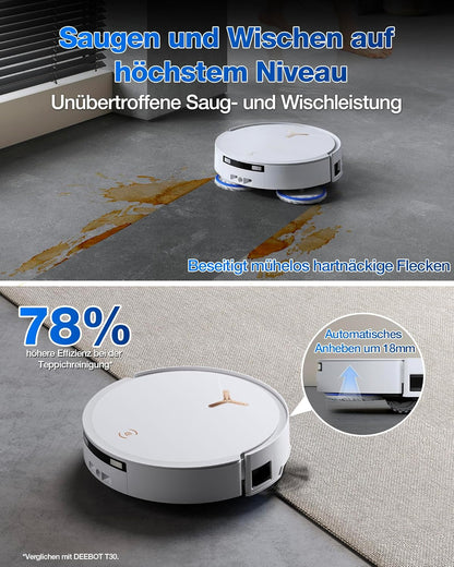 ECOVACS DEEBOT T50 PRO Omni Gen2 Saugroboter mit Wischfunktion, Ausfahrende Seitenbürste und Wischmopp, 21.000 Pa, Auto Zugabe von Reinigungslösung, Moppwäsche mit 75°C heißem Wasser, Ultradünn 81 mm