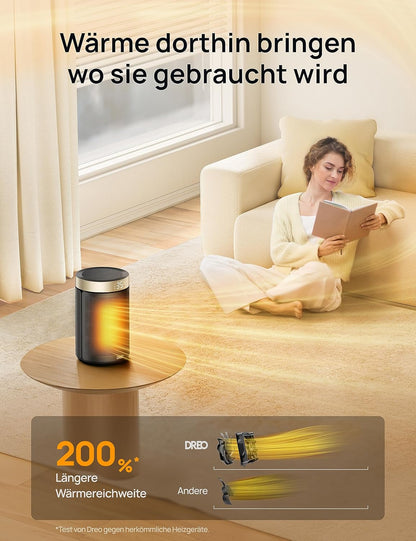 Dreo Energiesparender Heizlüfter, 34 dB Leiser 1500W Elektrischer PTC Keramik, Thermostat, Überhitzungs- & Kippschutz, 12 Std. Timer, Elektroheizung für Räume Schlafzimmer, Atom 316, Gold